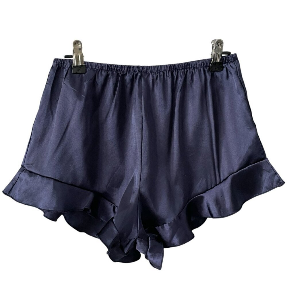 Satin Lightweight Fabric Ruffles Mid Rise Pull On Pajama Shorts Blue S